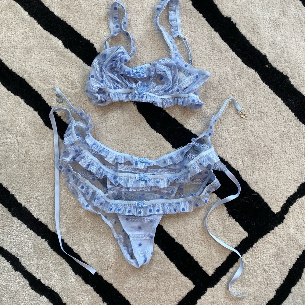 Delicate Ruffle Lace Bralette & Thong Set in Light Blue